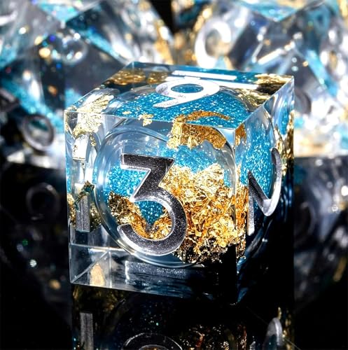 Liquid Core Quicksand Resin DND Dice, Sharp Edge Dungeons and Dragons Polyhedron Game Dice Set for Role Playing Games RPG Explorer Magic, Holiday Birthday Gifts Party Favors - color: Tou Ming Lan Liu Sha