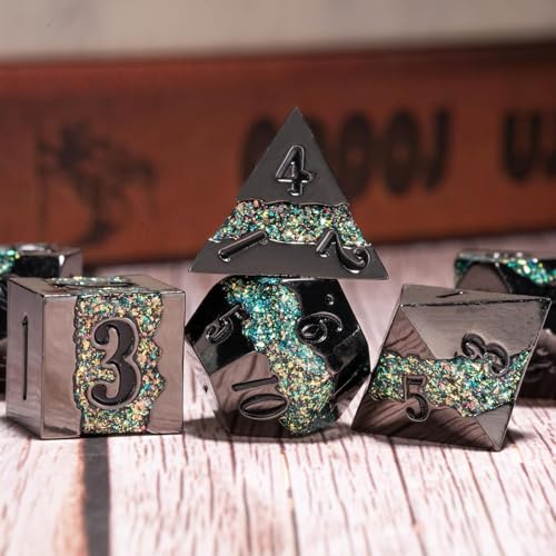 Metal DND Dice Set, 7PCS Polyhedral Metal Dice with Galaxy Glitter Inlay, Heavy RPG Dice Set for Dungeons and Dragons, Pathfinder Tabletop Games - color: Black Nickel Green