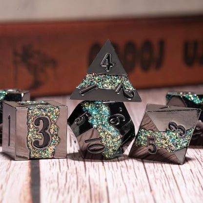 Metal DND Dice Set, 7PCS Polyhedral Metal Dice with Galaxy Glitter Inlay, Heavy RPG Dice Set for Dungeons and Dragons, Pathfinder Tabletop Games - color: Black Nickel Green