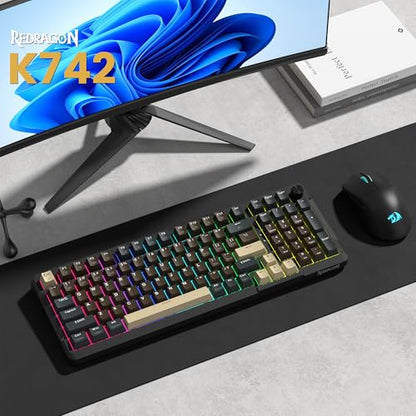 Redragon K742 Wireless Mechanical Gaming Keyboard with Knob, Bluetooth 5.0/2.4GHz/USB C Wired Creamy Keyboard with Number Pad for PC Computer, RGB Backlits, Hot-Swappable with Linear Switches (Brown) - color: Brown