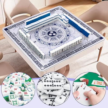 Blue Mahjong Mat for Table 31.5" x 31.5", Neoprene American Mahjong Table Mat with Rules Print, Non Slip Waterproof Mahjong Mat with Carry Bag for Mahjong, Poker & Board Games
