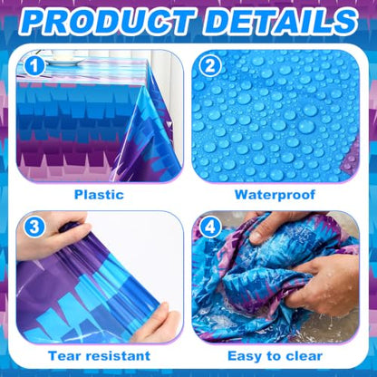 VitalCozy 3 Pcs Video Game Plastic Table Cloth Disposable 108 x 54 Inch Purple and Blue Plastic Tablecloths for Wedding Birthday Game Fan Gaming Theme Party Decorations