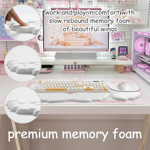 JIKIOU Angel Wing Wrist Rest Ergonomic Memory Foam Wrist Rest for Keyboard | Cute Savior of Wrist Pain, PU Leather Surface, Anti-Slip Base, Waterproof, Compatible with Most Keyboards & Mice, White