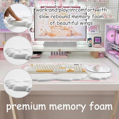 JIKIOU Angel Wing Wrist Rest Ergonomic Memory Foam Wrist Rest for Keyboard | Cute Savior of Wrist Pain, PU Leather Surface, Anti-Slip Base, Waterproof, Compatible with Most Keyboards & Mice, White