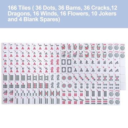 American Mahjong Game Set, 166 White Tiles, 4 Transparent All-in-One Rack/Pushers, Complete Mahjong Tile Set, Blue-Red Printed Carrying Bag - color: Blue-red
