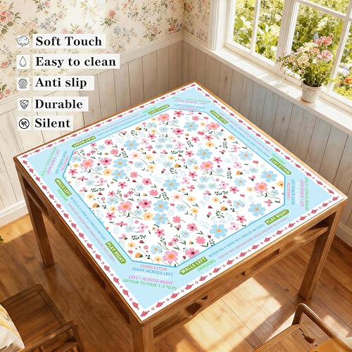 Mahjong mat for Table/31.5lnch/American Mahjong Table Cloth with Rules mats with Drawstring Bag,Noise ReductionAnti-Slip Game mat for Table,for Mahiona/PokerBoard Games/Card Games (Little Flower) - color: White Flowers