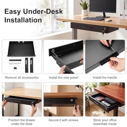 Menkxi 22'' x 14'' Under Desk Drawer Slide Out Storage Organizer, Lockable Metal Desk Drawer for Laptop and Office Accessories, Large Hidden Under Table Storage Box with Cable Management, Black - size: 22'' x 14''