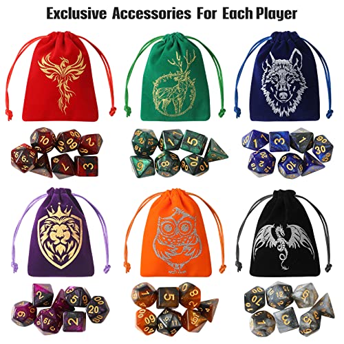 Grajar DND Dice Set, 42 Pcs polyhedral dice Set with 6 Colorful Animal Pattern Dice Bag and PU Leather and Velvet dice Tray for Dungeons and Dragons D&D RPG MTG Table Games Starry Sky - style: Animal-Starry Sky