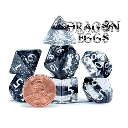 Gate Keeper Games & Dice: Mighty Tiny Dice: Dragon Eggs - 7 pc - RPG Dice Set, 3-Layer Neutron Style, Clear-Silver Glitter-Black, 12mm Resin Dice