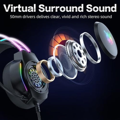 Gaming Headset with Microphone, Deer Ears Headphones for PC Laptop PS4 PS5 Xbox Switch, Rainbow RGB Lighting & Virtual Surround Sound, 3.5mm Over Ear Headphones, Ergonomic - color: Black Deer Ear