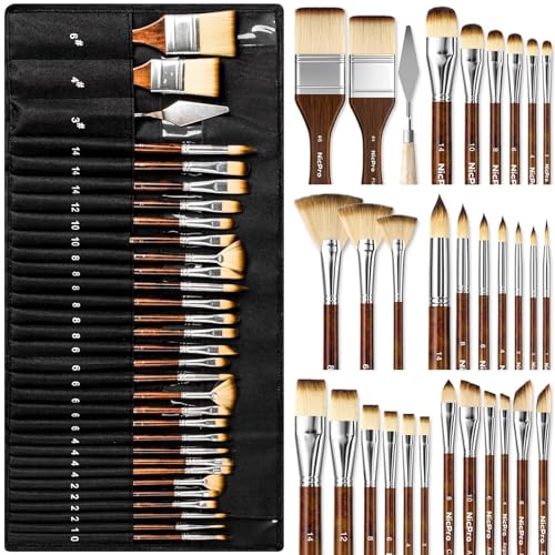 Nicpro 30pcs Paint Brush Set, Professional Acrylic Paint Brushes with Paint Spatula and Cloth Roll, Paintbrushes for Acrylic Painting, Oil, Watercolor, Gouache, Art Supplies for Artists and Beginners - color: Wood
