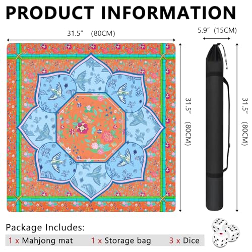 Mahjong Mat with Carrying Bag and 3 Dice, 31.5" X 31.5" Noise Reduction Mahjong Table Cover, Non Slip Gaming Mat for Board Tile Games Poker Card Dominoes, Mahjong Gifts for Women Mahjong Accessories - color: A0204
