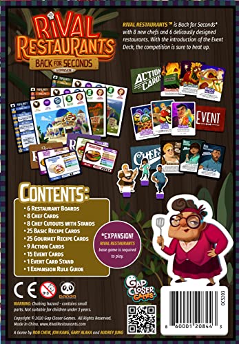 Rival Restaurants: Back for Seconds Expansion by Gap Closer Games | Strategy Board Game | 2 to 6 Players | Ages 10+ | 45+ Minutes | Expansion with New Chefs, Additional Restaurants & Action Cards - style: Expansion