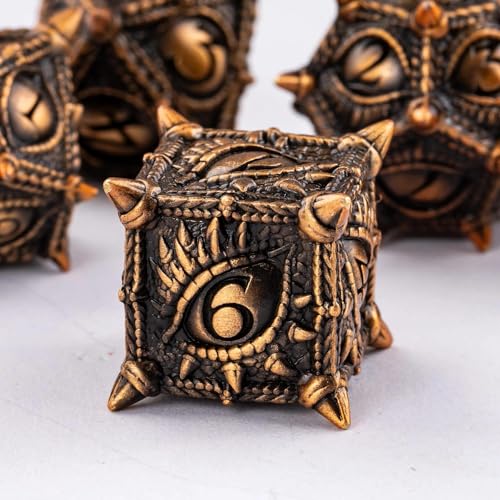 Metal Dice Set Dragon Eye Metal DND Dice Set for D&D Tabletop Games | Leather Storage Bag, DM Gift, for Dungeons and Dragons Role Playing Games - color: Dragon-antique Gold