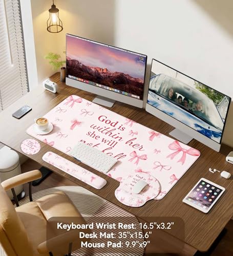 Desk Mat Set + Keyboard and Mouse Pad with Wrist Rest Support,4-in-1 Large Mousepad Computer Mats for Desktop Home & Office-Pink Bowtie - color: D4-Pink Bow Tie