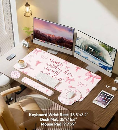 Desk Mat Set + Keyboard and Mouse Pad with Wrist Rest Support,4-in-1 Large Mousepad Computer Mats for Desktop Home & Office-Pink Bowtie - color: D4-Pink Bow Tie