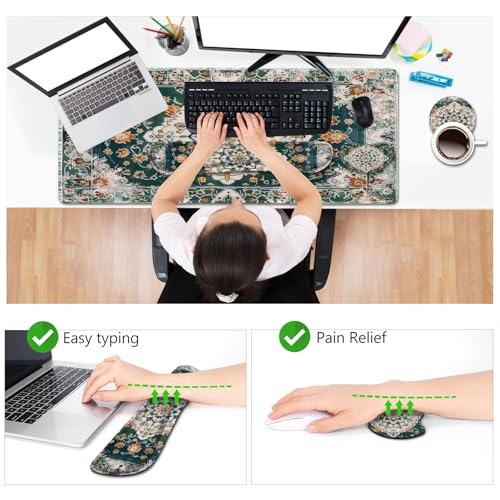 AIMSA Desk Mat Set, Large Mouse Pad + Mouse Wrist Rest + Keyboard Wrist Support + Coaster, 4in1 Rug Gaming Mouse Pad Combo for Home Office, Retro Boho Art - color: Retro Boho Art