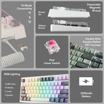 TECWARE Phantom+ Elite 87 Key RGB Mechanical Gaming Keyboard | 3 Mode Wireless Bluetooth 5.0 2.4GHz & USB C Wired | Hot Swappable 5 Pin | Double Shot PBT Keycaps | Wraith Pink Switch - White - color: Pink Switch, size: Phantom+ Elite 87 | White