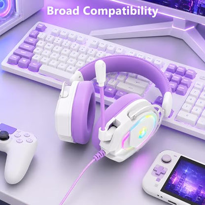 K98 Wired RGB Gaming Headset with Mic, Over Ear Gaming Headphones, 50mm Neodymium Drivers, Noise Isolating Microphone, Memory Foam Cushions, Aluminum Alloy Frame for PC, PS5, PS4, Xbox, Switch - color: White/Purple RGB