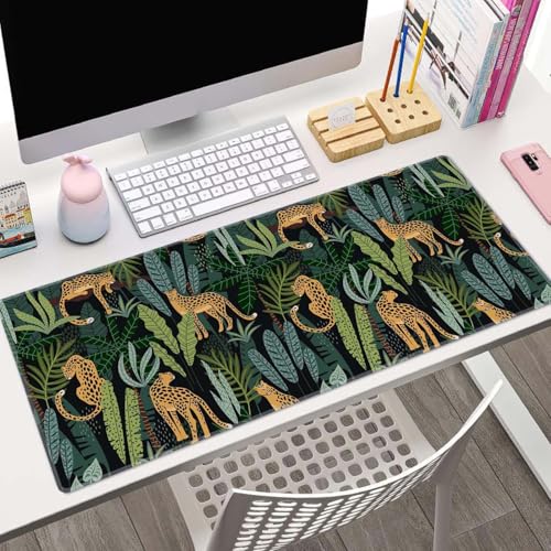 Leopard Jungle Animal Tropical Leaves Large Gaming Mouse Pad with Stitched Edges, Desk Pad Extended Keyboard Mat, Non-Slip Rubber Base Mousepads for Laptop, Office, Home, 31.5X11.8 inch - color: Leopard Jungle Animal Tropical Leaves