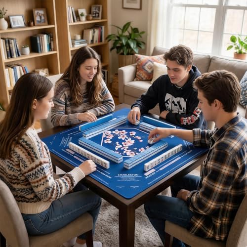 American Mahjong Mat for Table 32.6"x32.6" No Creases Rollup Shipped | with Velvet Bag Non Slip Mahjong Table Mat Noise Reduction Mahjong Mats with Print Rules for Playing (Navy Blue) - color: Navy Blue