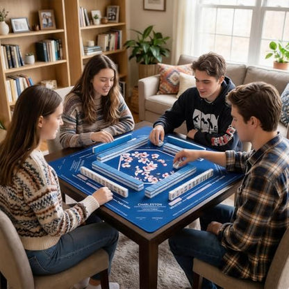 American Mahjong Mat for Table 32.6"x32.6" No Creases Rollup Shipped | with Velvet Bag Non Slip Mahjong Table Mat Noise Reduction Mahjong Mats with Print Rules for Playing (Navy Blue) - color: Navy Blue