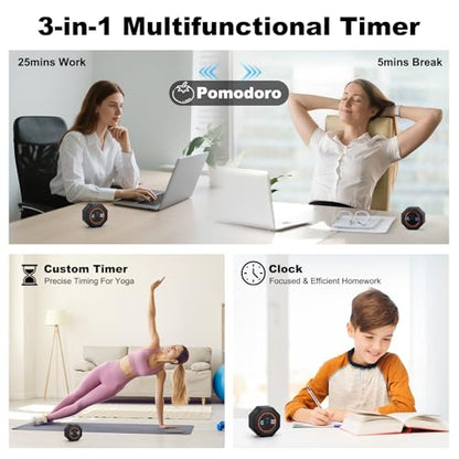 Small Productivity Timer - Pomodoro Timer with 3/5/10/25/60 Min Presets & Custom Countdown | Magnetic Rechargeable Digital Clock for Desk, Study and Games (Black) - color: Black