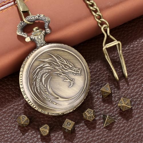 Mini DND Dice Set with Steampunk Dragon Head Totem Pocket Watch Case, Tiny 7PCS Polyhedral Metal D&D Dice, DND Gifts with Gift Box, Role Playing Game Board Game Accessories Dice, Bronze - color: Bronze