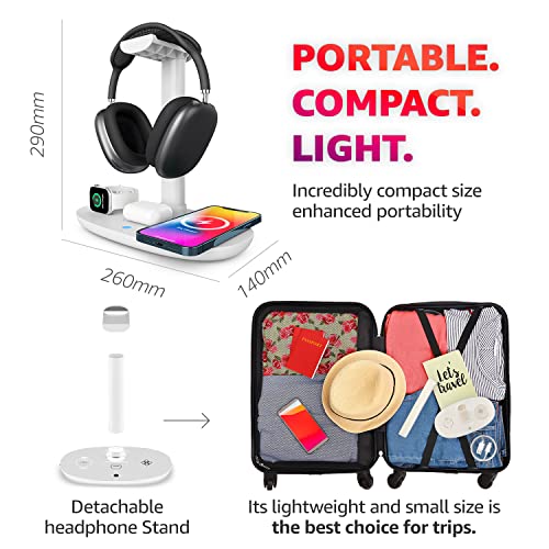 4 in 1 Wireless Charger with Headphone Stand for iPhone 17 16 15 14 13 12 Pro Max, Apple Watch 11 10 Ultra SE, AirPods Max 4 & Samsung S25-15W Gaming Desk Organizer (Adapter Not Included)(White)