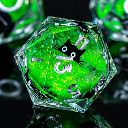 Roycevon Resin DND Dice Set with Gift Box, 7Pcs Liquid Core Cat D&D Dice, Cute Dungeons Dragons D and D Dice, Sharp Edge Role Playing Game Dice D20 D12 D10 D8 D6 D4, Green - color: Green