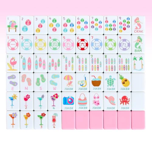 160 Engraved American Mahjong Tile Set Summer Design 1.2" Pink Melamine with Portable Storage Bag and Accessories, 1.2" Mahjong Game Set Cute Design