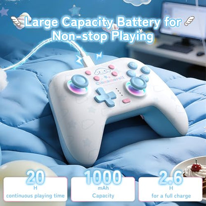 Kuitmor Cinnamoroll Switch Pro Controller, Cute Hall Effect Wireless Gamepad No Drift for Switch 2/Switch/OLED/Lite, PC/Steam, Android, iOS, Bluetooth + Wired, Turbo, Back Buttons, 6-Aixs Gyro, Wake-up, RGB (Blue, Without 2.4g Receiver) - color: Blue