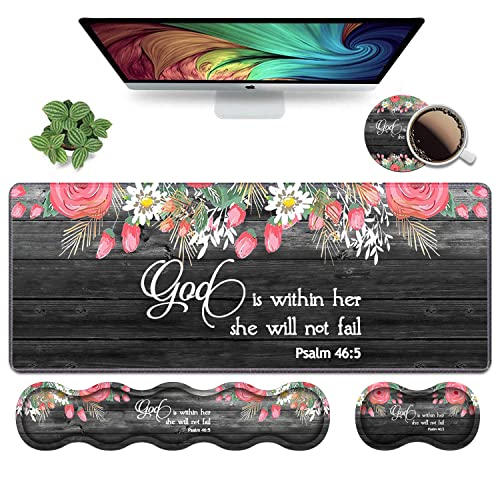 Ergonomic Keyboard Wrist Rest & Mouse Pad Wrist Rest Set,Large XXL Gaming Desk Mat 31.5"x 11.8",Non-Slip Base, Memory Foam,Easy Typing Pain Relief for Office & Home,Floral Quote Bible Verse Psalm 46:5 - color: Floral Quote Bible Verse Psalm 46:5