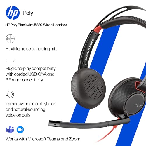 Poly Blackwire 5220 Wired Headset - Flexible Boom Mic - Noise Cancelling Headphones with Mic - USB-C, USB-A, 3.5mm - Ergonomic Over-Ear Design - Works with Microsoft Teams, Zoom - Work from Home - style: 2024 Version (USB-C & USB-A)