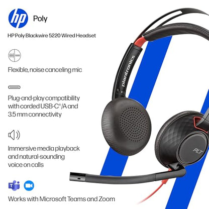 Poly Blackwire 5220 Wired Headset - Flexible Boom Mic - Noise Cancelling Headphones with Mic - USB-C, USB-A, 3.5mm - Ergonomic Over-Ear Design - Works with Microsoft Teams, Zoom - Work from Home - style: 2024 Version (USB-C & USB-A)