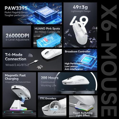 ATTACK SHARK X6 Lightweight Wireless Gaming Mouse with RGB Backlight Charging Base,Tri-Mode Wired/2.4GHz/BT5.2,26K DPI, PAW3395 Optical Sensor,HUANO Switch,5programmable Buttons,PC/Mac(White) - color: White, size: Mouse without Anti-slip sticker