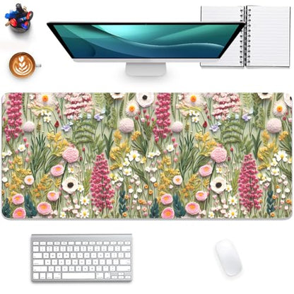 Embroidered Flower Wildflower Embroidery 3D Pattern Mouse Pad Desk Pad,Stitched Edges Non-Slip Waterproof Rubber Base Mous Mat for Office,Computer,Keyboard,Laptop and Home Desk Pad(27.5X11.8 in) - color: Embroidered Flower