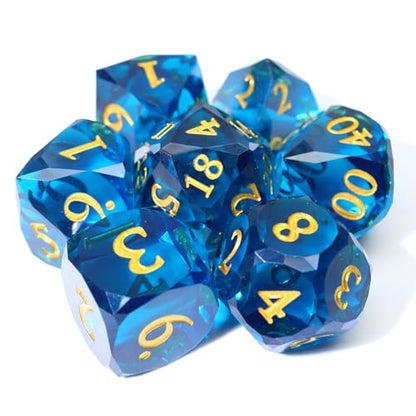 XENOLUX DND Dice Set, Sharp Edge Polyhedral Resin Dice, Deep Blue Diamond Facet Design for Dungeons and Dragons, RPG, Tabletop Games, 7-Die Set with Gold Numbers-Mixed1 - color: Rd-dark Blue