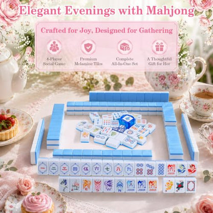 Blue American Mahjong Set, 168 Melamine Tiles | Includes 168 Mahjong tiles with 12 jokers and a gift box. Portable for game nights, weekly clubs and gifting. - color: Blue