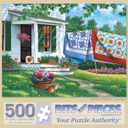 Bits and Pieces – 500 Piece Jigsaw Puzzle for Adults – Calico Country - Quilts Dog and Cat Jigsaw Puzzle by John Sloane, Completed Puzzle Size: 18" x 24" - size: 500 Piece Puzzle