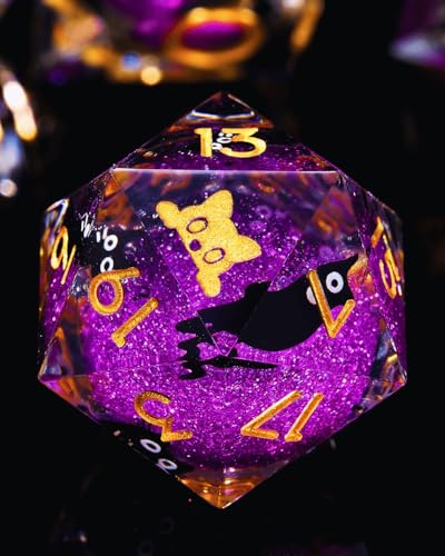 Froggod 싱글 리퀴드 코어 캣 D20 주사위 - DND, RPG, 테이블 탑 게임용 22mm 샤프 엣지 롤 플레잉 주사위 - 20면 레진 D&D 주사위, 캐서드 각인(캣 헤드 퍼플) - color: 캣 헤드 퍼플