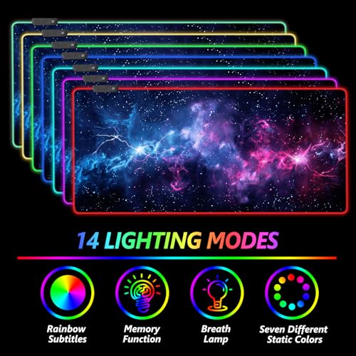 AIMSA LED Gaming Mouse Pad RGB, Large Mouse Pad with 14 Light Modes, Keyboard Mousepad Led Extended Surface (35.4 x 15.8 in) for Desktop Gamers, Blue Purple Starry Nebula - color: Blue Purple Starry Nebula