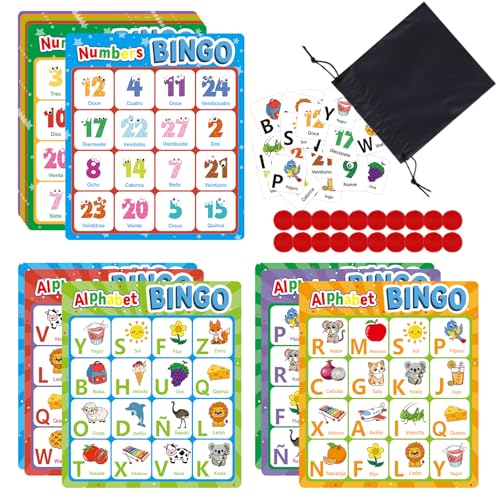 Spanish Alphabet Bingo Game, Letter&Number Sight Word Bingo Board Games for Kids, ABC and 123 Learning Toys for Kindergarten, Toddler Preschool Learning Activities, Family Matching Games - style: Spanish