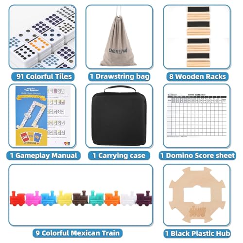 Doreimi Upgraded Mexican Train Dominoes Set with 8 Wooden Holders, Double 12 Dominos Set for Kids, Adults Travel Domino Train Set with 91 Tiles and Carry Case, Classic Board Games for Family Night - style: Dot+8 Racks+Wooden Hub