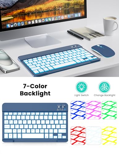 LAMA 7 Colors Backlit Bluetooth Keyboard and Mouse Combo for iPad Pro/Air/Mini, Ultra-Slim Rechargeable Wireless Keyboard and Mouse for iPhone 15/14/13 Pro/Samsung/PC/Laptop/iOS/Windows/Android,DBL - color: Dark Blue