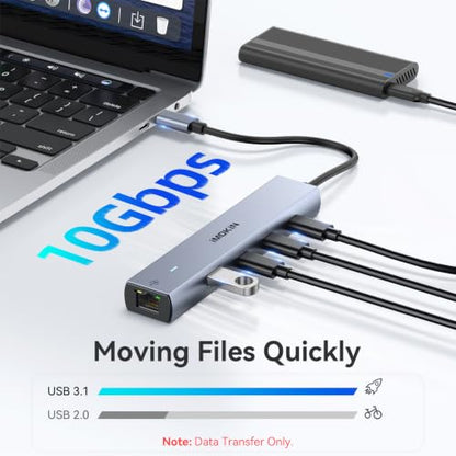 MOKiN 10Gbps USB C Hub Ethernet, 7 in 1 USB C Adapter for MacBook Pro/Air with 4K@60HZ HDMI, 3*USB-C 10Gbps Data, RJ45, USB 2.0, 100W PD, USB C Dongle for MacBook Pro/Air/Dell/HP/Thinkpad/Lenovo. - color: Gray