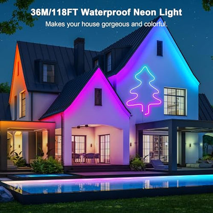 Cozylady RGB Neon Light LED Rope Light,Waterproof Bluetooth APP Remote Control Music Sync Strip Light,24V Flexible DIY Silicone Light for Bedroom Home Indoor Outdoor Decoration(36m/120ft) - size: 120 ft