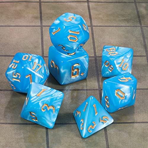 CiaraQ 7pcs Polyhedral Dice Set for Dungeon and Dragons MTG Table Games | Acrylic Role Playing Dice for D&D with Black Velvet Bag – Blue with Gold Numbers - color: Blue With Gold Numbers