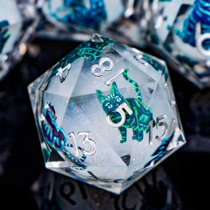 DND Cat Dice 7PCS Polyhedral Sharp Edge Dice Set with Gift Case for Dungeons Dragons Role Playing Game, RPG Resin D and D Dice D6 D8 D10 D12 D20 D% (Silvery White) - color: Colorful Cat - Silver White