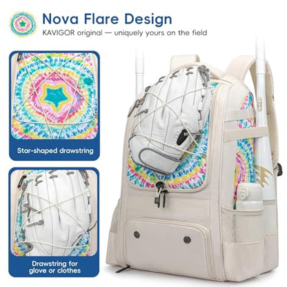KAVIGOR Baseball Bag for Youth | Softball Backpack 50L Large Capacity with Shoe Compartment and 4 Bat Holders | Nova Flare Series - color: Beige